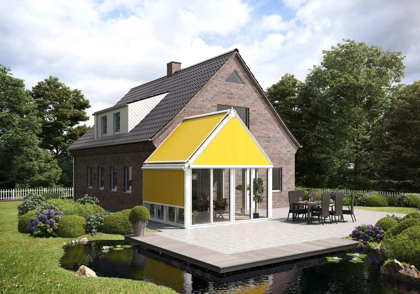 Markilux 893 trekantmarkise som solafskærmning på et bindingsværkshus