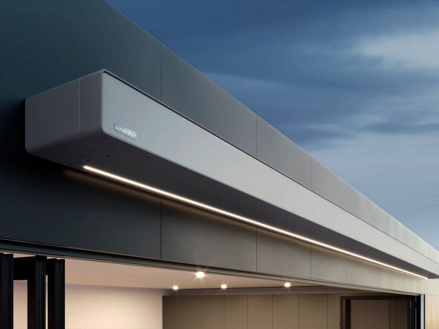 Detalje af en indkørt Markilux 970 med antracitfarvet ramme og LED-line