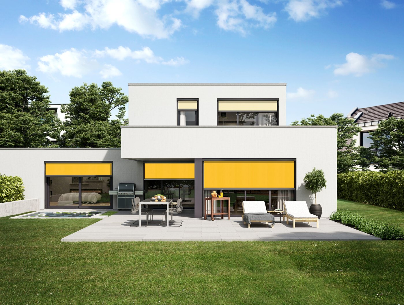 Markilux 620/625 screenmarkiser med gule duge på en lys facade