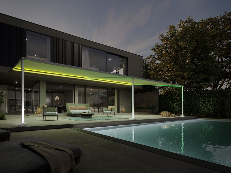markilux pergola style med grøn belysning, der bader terrassen i lys