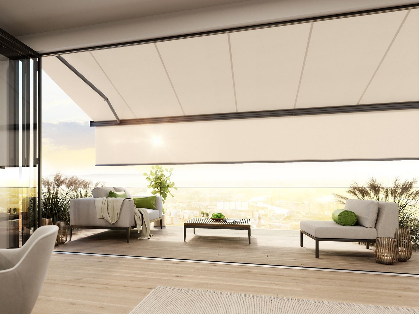 Markilux 970 med beige dug og antracitfarvet ramme inklusive shadeplus