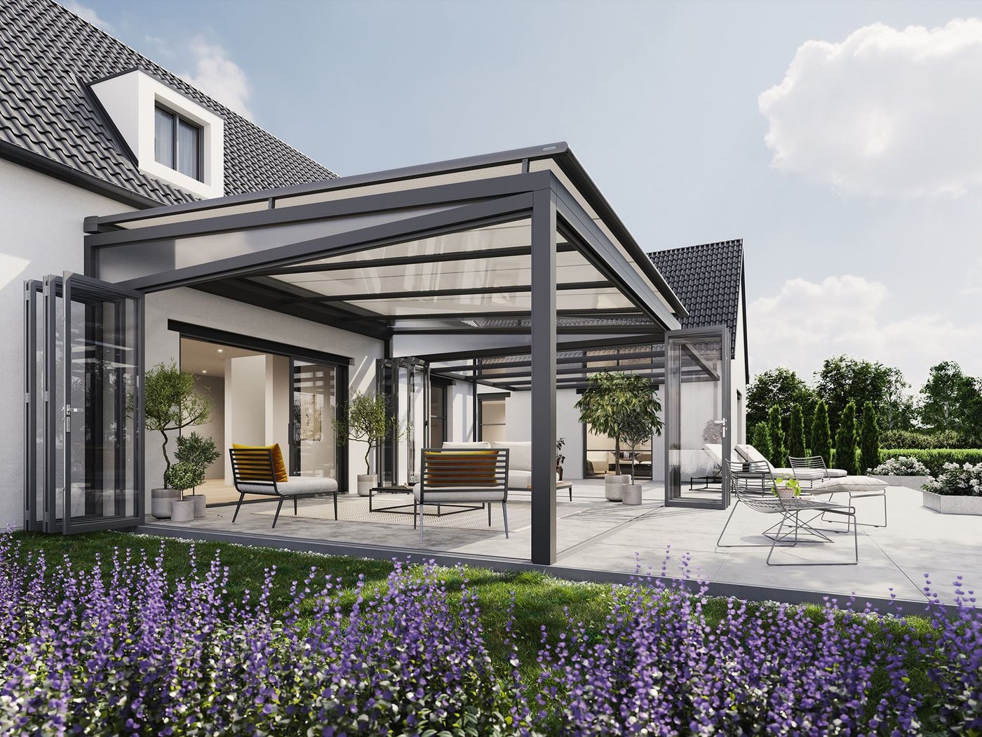 Markilux 7800 udvendig tagmarkise med lys dug over en vinterhave