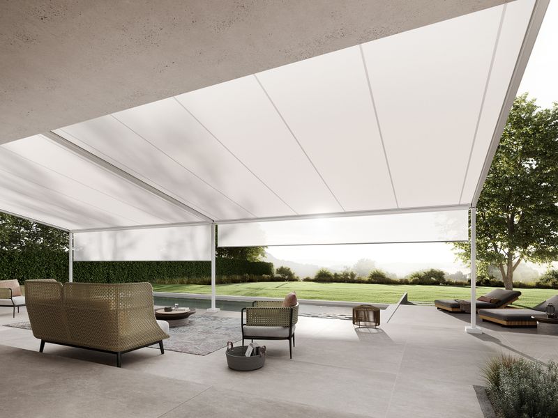 markilux pergola style med hvid dug og integreret shadeplus