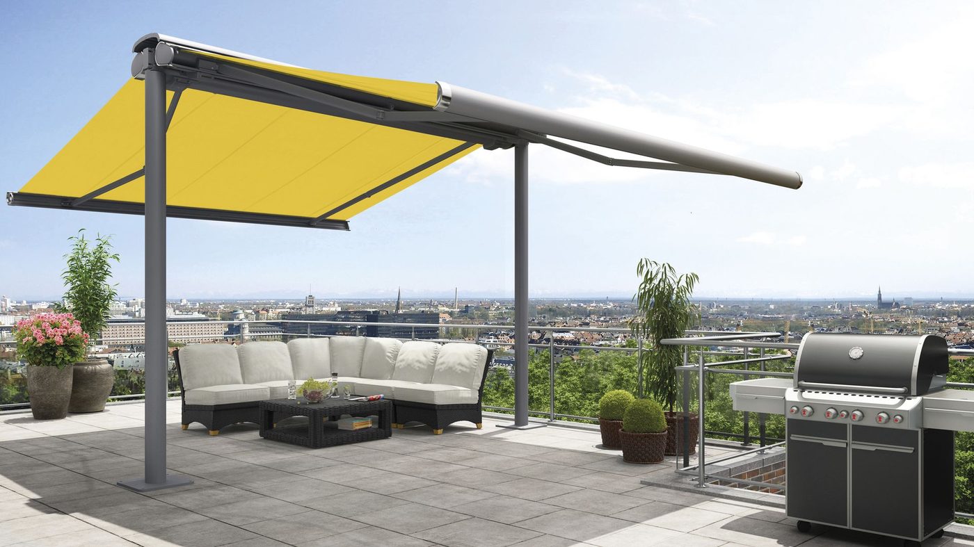 Fritstående markisesystem Markilux Syncra med to markiser på en tagterrasse