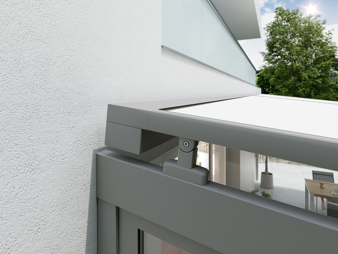 Detalje af Markilux 770 tracfix i grå med dugen låst fast i styreskinnen
