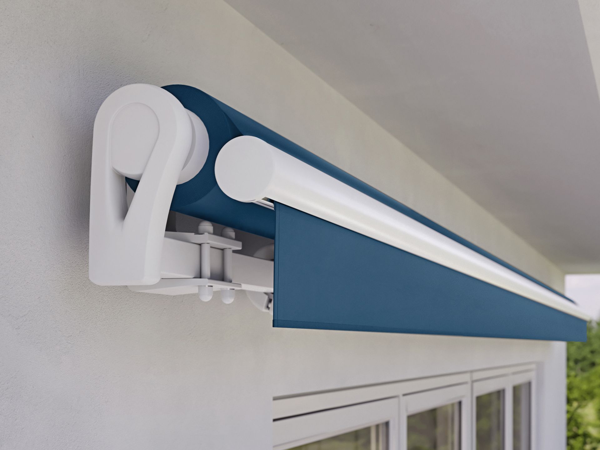 Detaljebillede af den åbne Markilux 1300 med blå dug og volant