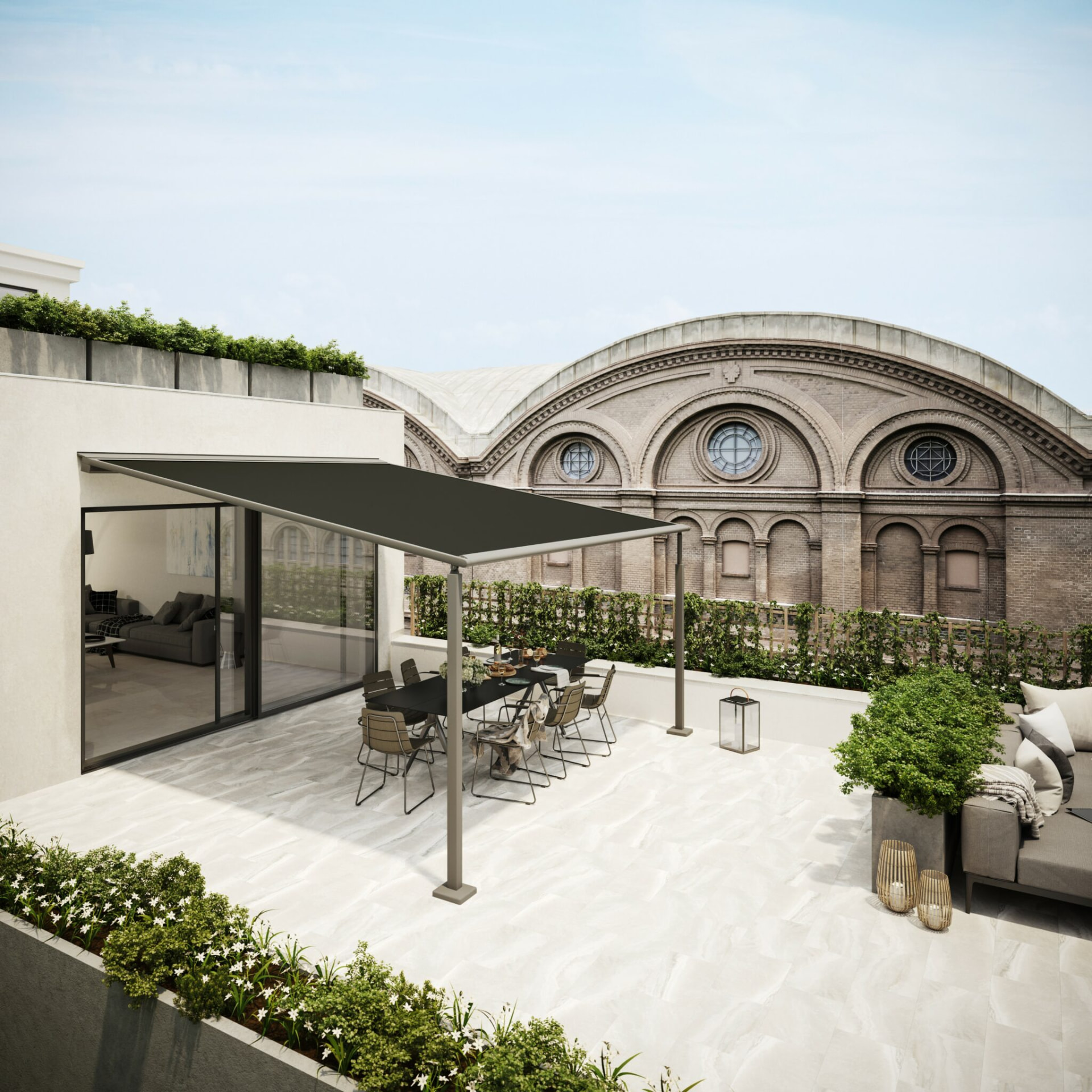 Markilux Pergola Compact med mørk dug over spisebord på en tagterrasse
