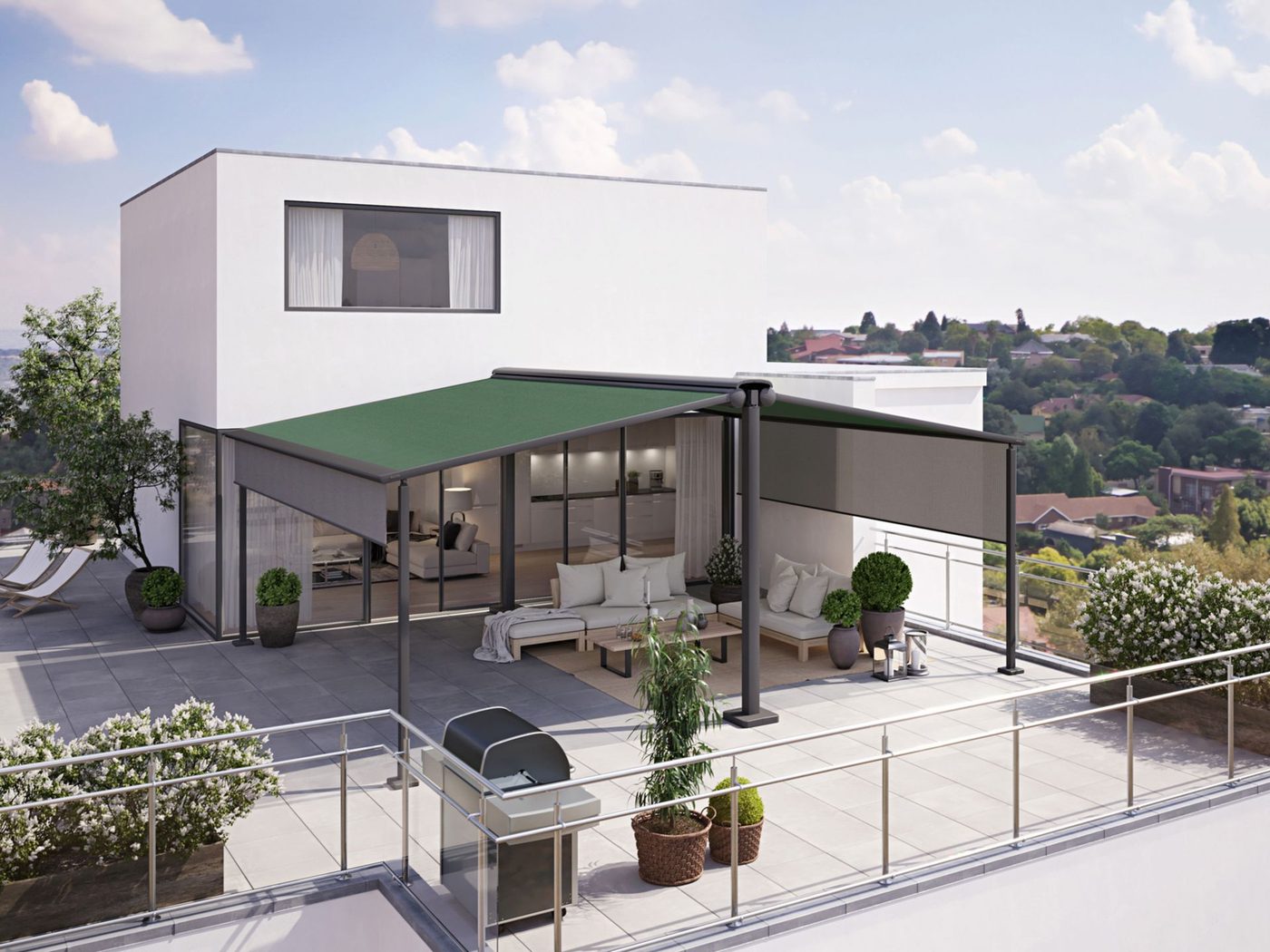 Markilux Syncra med Pergola Classic fastgjort på begge sider med grøn dug og shadeplus