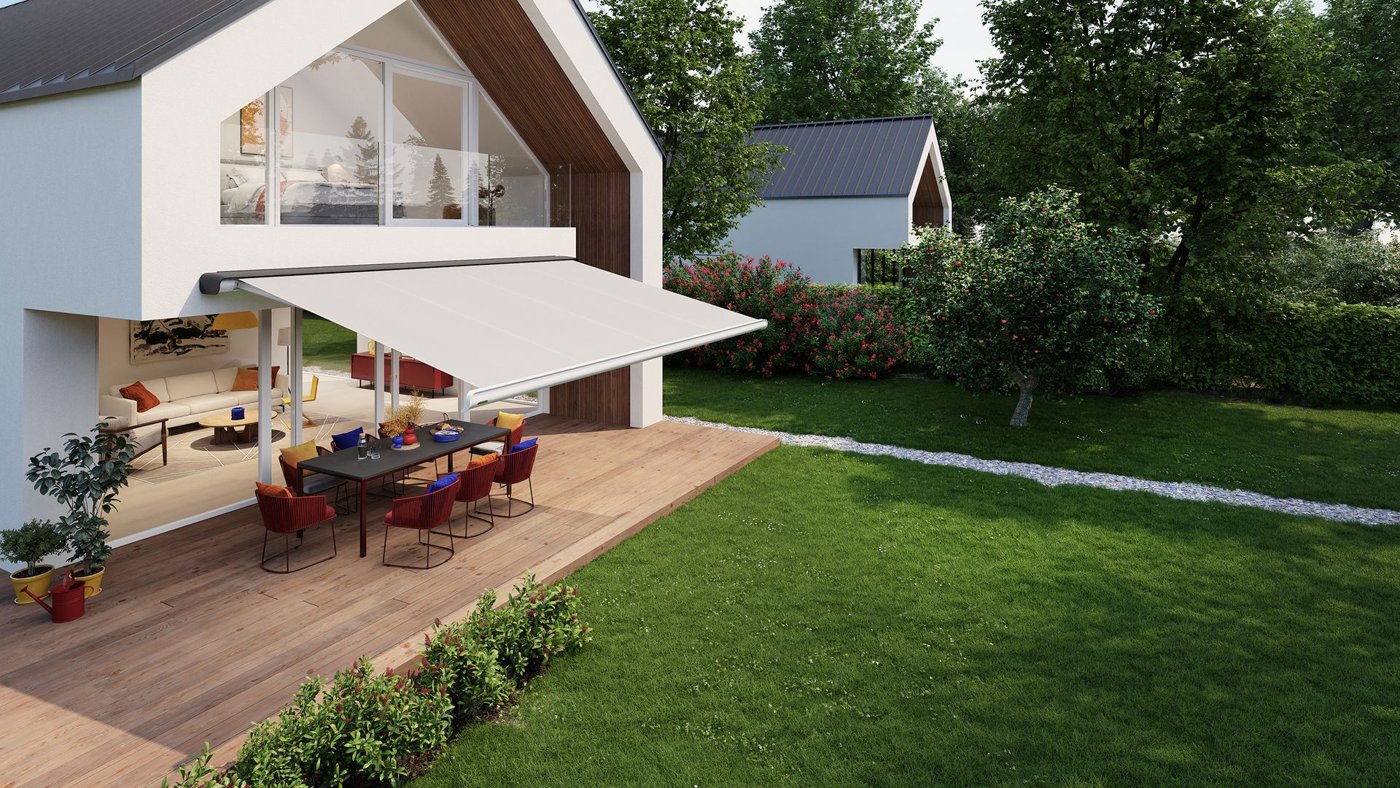 Terrasse med en Markilux MX-2 kassettemarkise set ud over dugen
