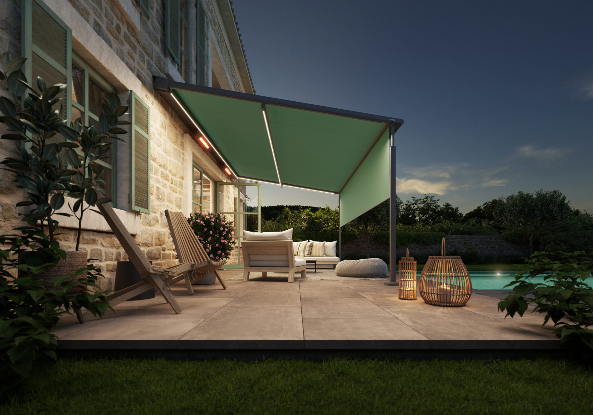 Markilux pergolamarkise med integreret lys og terrassevarmer ved en pool om aftenen