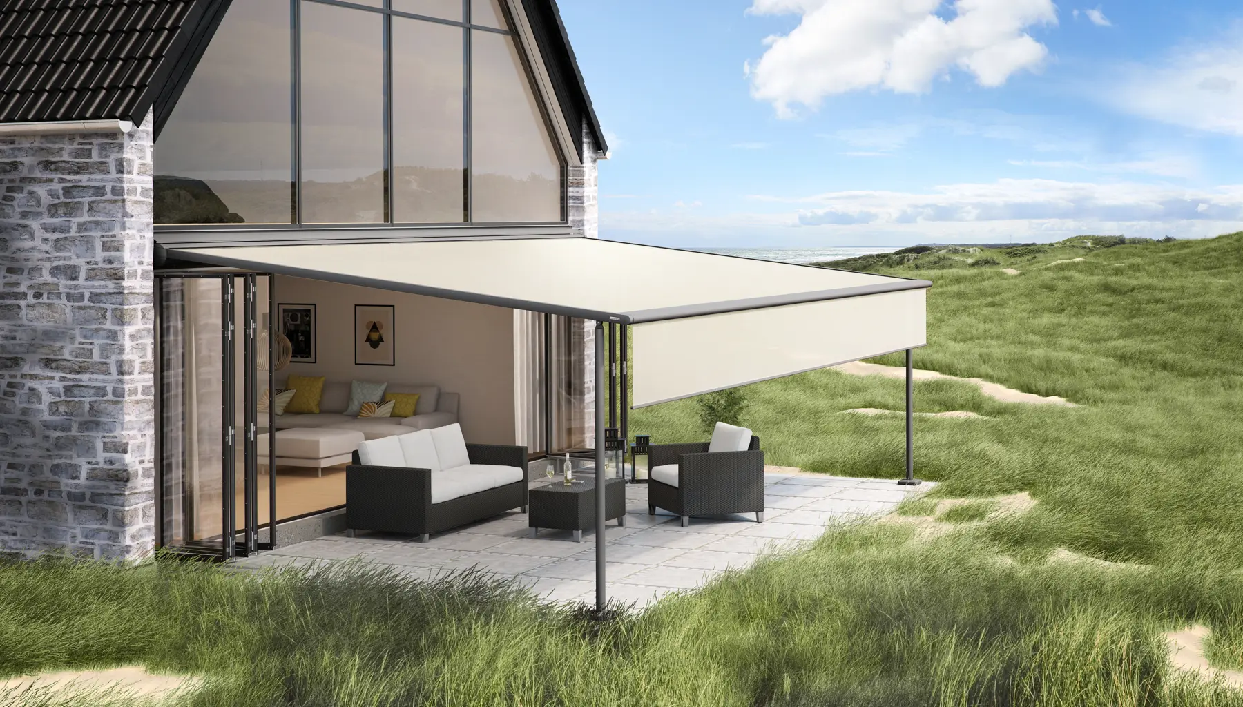 Markilux pergola classic med beige stof ved stranden
